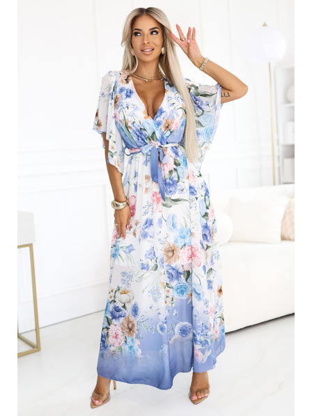numoco Luftige Wickel-Maxikleider mit Blumenmuster in blauen Rosen