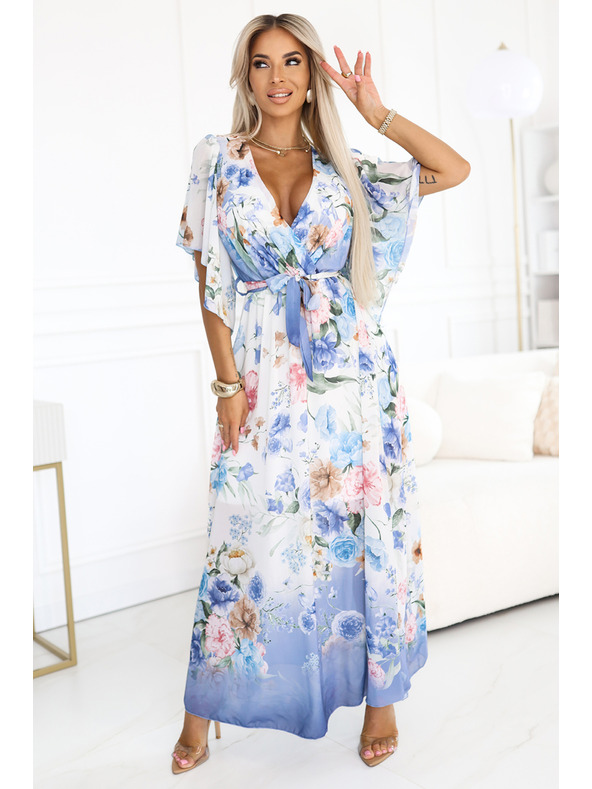 numoco Luftige Wickel-Maxikleider mit Blumenmuster in blauen Rosen