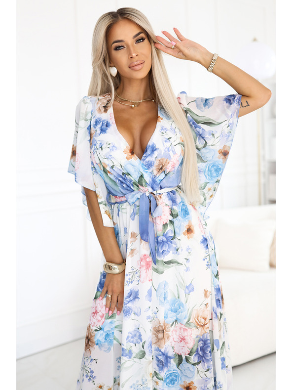 numoco Luftige Wickel-Maxikleider mit Blumenmuster in blauen Rosen