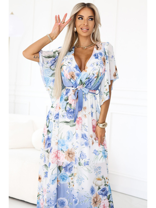 numoco Luftige Wickel-Maxikleider mit Blumenmuster in blauen Rosen