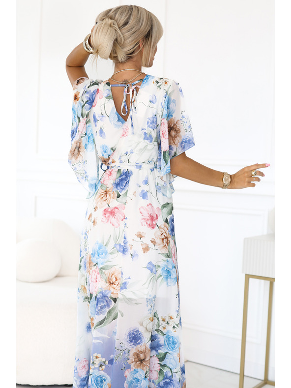 numoco Luftige Wickel-Maxikleider mit Blumenmuster in blauen Rosen