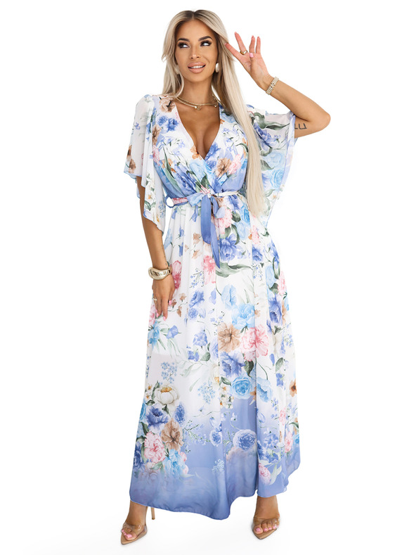 numoco Luftige Wickel-Maxikleider mit Blumenmuster in blauen Rosen