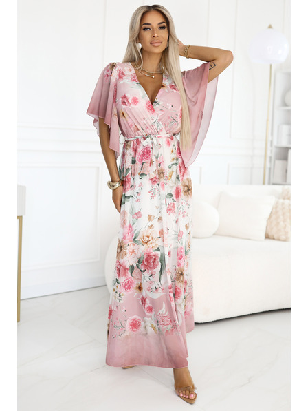 numoco Luftige Wickel-Maxikleider mit Blumenmuster in Rosa Rosen