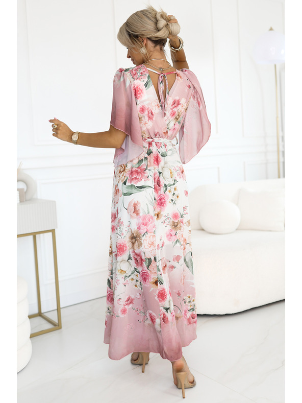 numoco Luftige Wickel-Maxikleider mit Blumenmuster in Rosa Rosen