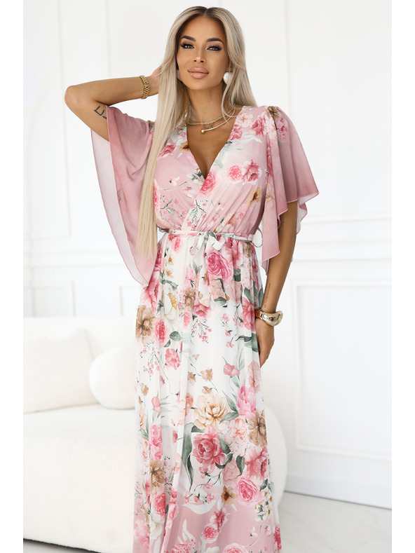 numoco Luftige Wickel-Maxikleider mit Blumenmuster in Rosa Rosen