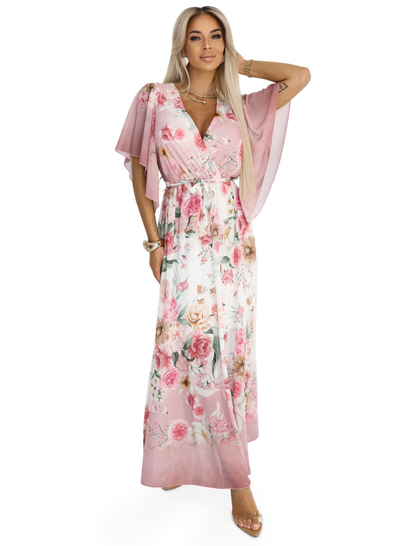 numoco Luftige Wickel-Maxikleider mit Blumenmuster in Rosa Rosen