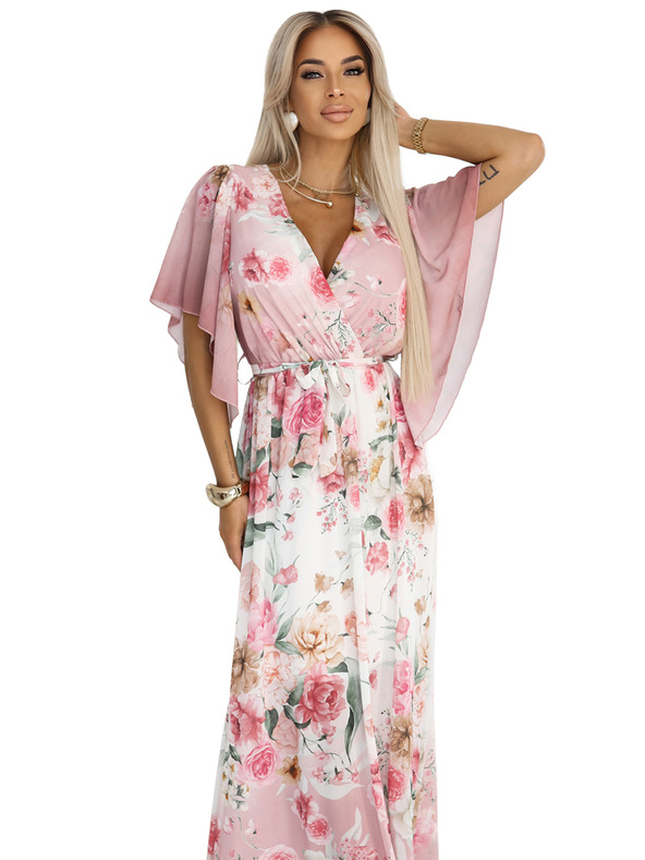 numoco Luftige Wickel-Maxikleider mit Blumenmuster in Rosa Rosen