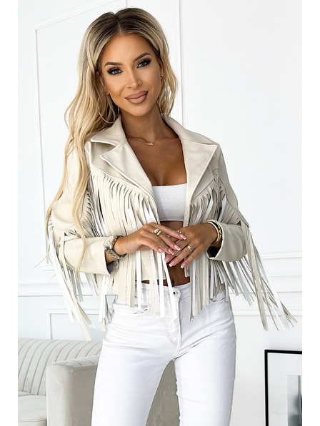 numoco Kurze beige Jacke mit Fransen aus weichem Öko-Leder