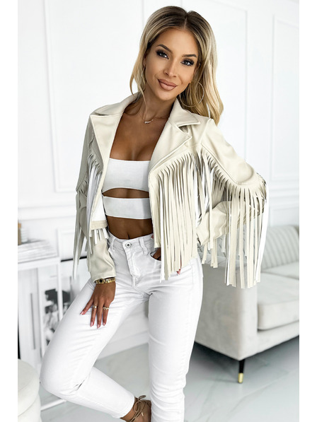 numoco Kurze beige Jacke mit Fransen aus weichem Öko-Leder