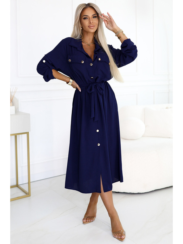 numoco Midi-Hemdkleid mit goldenen Knöpfen und Krawatte