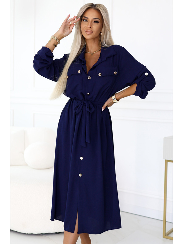 numoco Midi-Hemdkleid mit goldenen Knöpfen und Krawatte