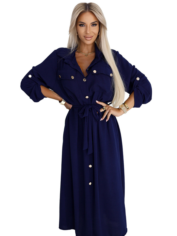 numoco Midi-Hemdkleid mit goldenen Knöpfen und Krawatte