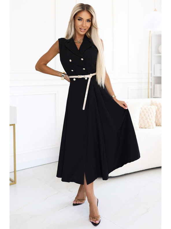 numoco Elegantes Midi-Hemdkleid mit goldenen Knöpfen und Gürtel