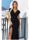 numoco IRINA glänzendes langes schwarzes Kleid mit Pailletten, Wickelausschnitt und Beinschlitz | Numoco