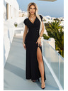 numoco IRINA glänzendes langes schwarzes Kleid mit Pailletten, Wickelausschnitt und Beinschlitz | Numoco