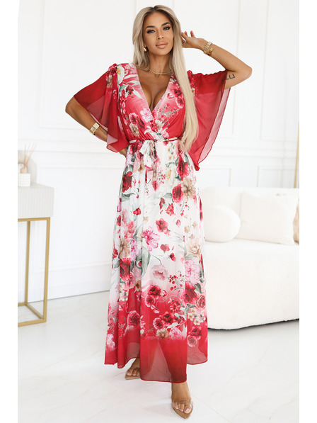 numoco Luftiges Wickel-Maxikleid mit Blumenmuster rote Rosen
