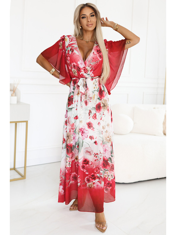 numoco Luftiges Wickel-Maxikleid mit Blumenmuster rote Rosen