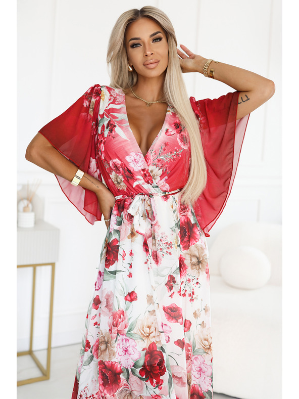 numoco Luftiges Wickel-Maxikleid mit Blumenmuster rote Rosen