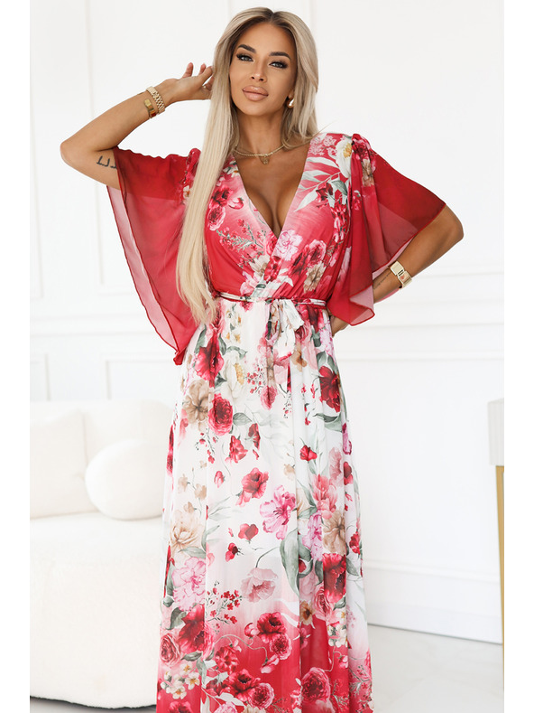 numoco Luftiges Wickel-Maxikleid mit Blumenmuster rote Rosen