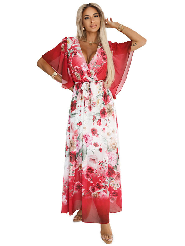 numoco Luftiges Wickel-Maxikleid mit Blumenmuster rote Rosen