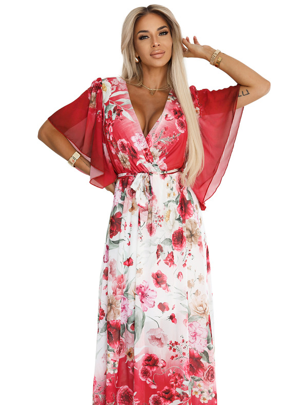 numoco Luftiges Wickel-Maxikleid mit Blumenmuster rote Rosen