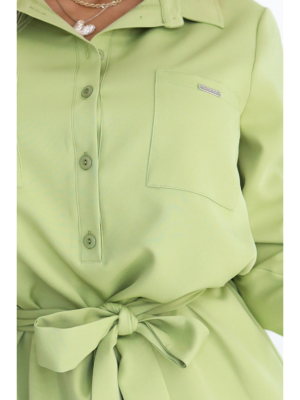 numoco Olivfarbenes Hemdblusenkleid CAMILLE mit Taschen und Bindung