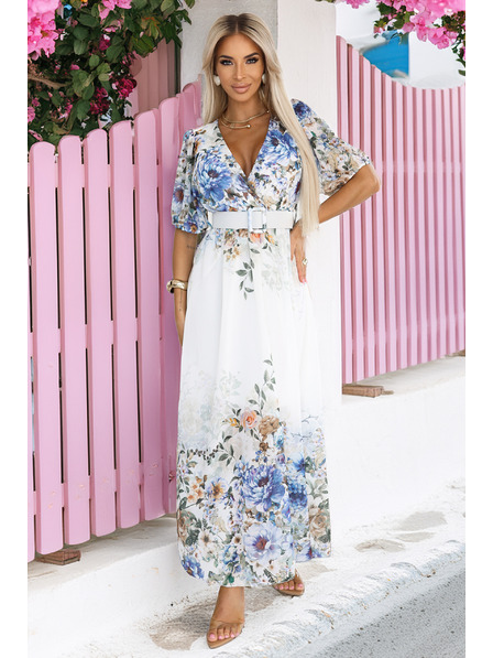 numoco Luftiges Maxikleid CELINA mit V-Ausschnitt, Gürtel und Blumen-Ombré-Muster