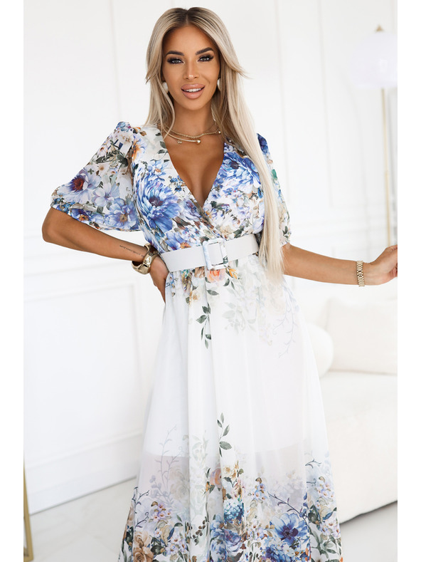 numoco Luftiges Maxikleid CELINA mit V-Ausschnitt, Gürtel und Blumen-Ombré-Muster