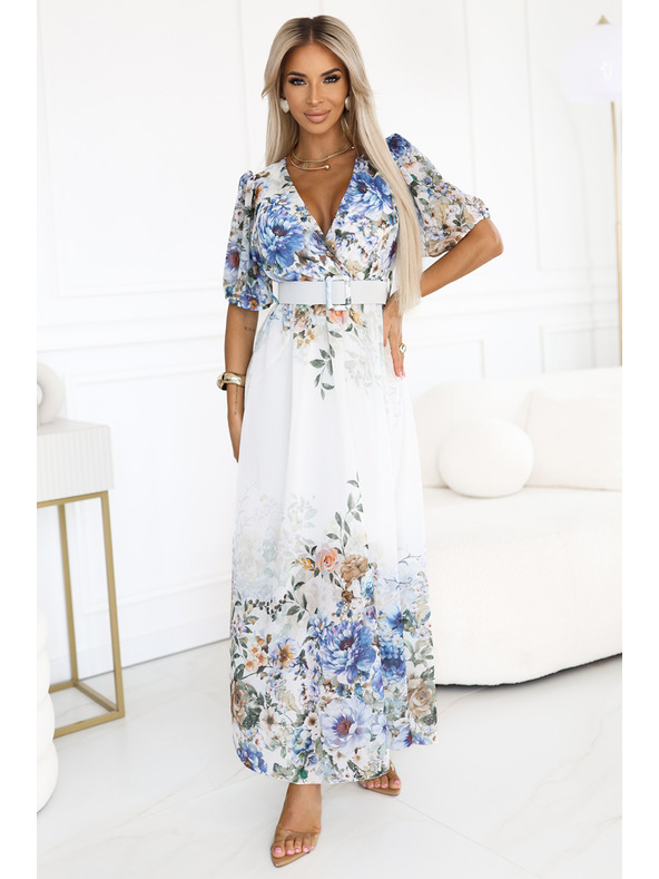 numoco Luftiges Maxikleid CELINA mit V-Ausschnitt, Gürtel und Blumen-Ombré-Muster