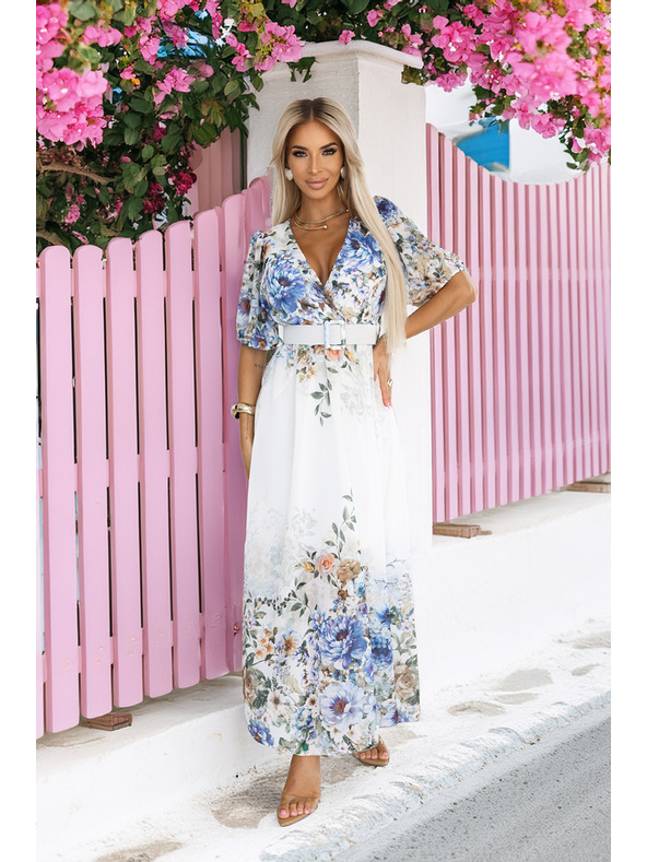 numoco Luftiges Maxikleid CELINA mit V-Ausschnitt, Gürtel und Blumen-Ombré-Muster