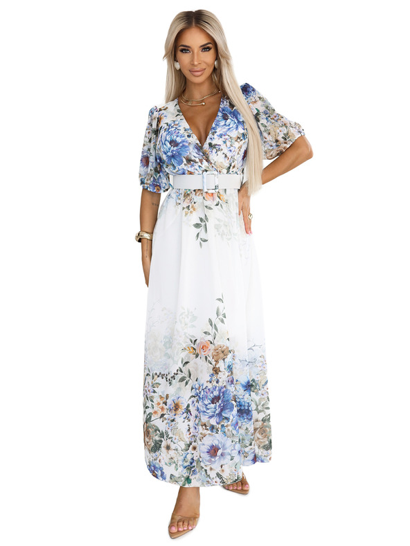 numoco Luftiges Maxikleid CELINA mit V-Ausschnitt, Gürtel und Blumen-Ombré-Muster