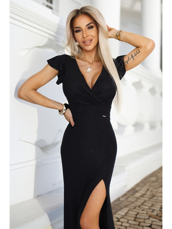 numoco Atemberaubende lange schwarze IRINA Kleid mit Glitzer, Wickelausschnitt und Schlitz