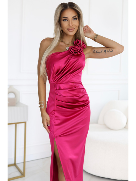 numoco AURORA Langes Seidenkleid mit einer Schulter, Rose und Schlitz | Rosa