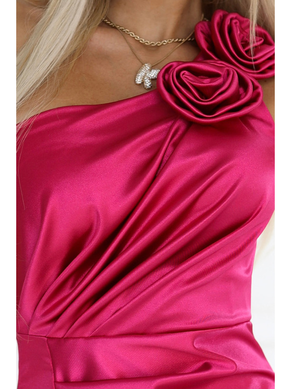 numoco AURORA Langes Seidenkleid mit einer Schulter, Rose und Schlitz | Rosa