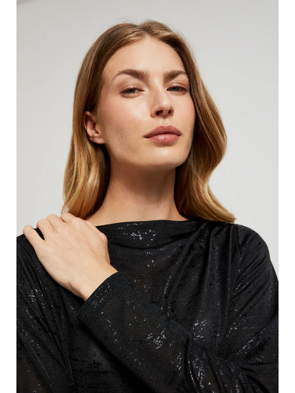 Moodo Schwarze Bluse mit gerafftem Ausschnitt und langen Ärmeln