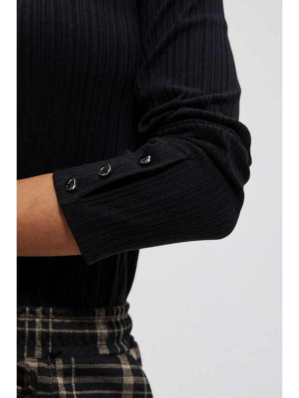 Moodo Schwarzes geripptes Langarm-T-Shirt