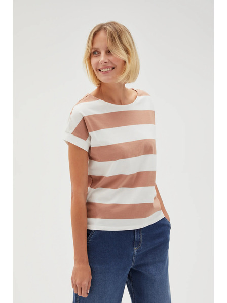 Moodo Beige-weiß gestreiftes Damen-T-Shirt Moodo