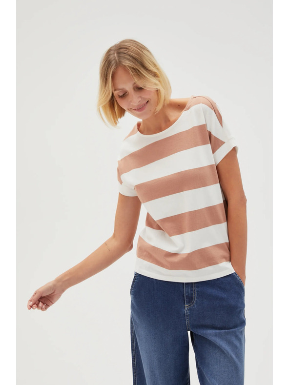 Moodo Beige-weiß gestreiftes Damen-T-Shirt Moodo