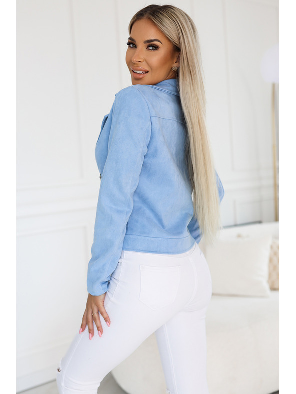 numoco Hellblaue Veloursleder-Motorradjacke mit langen Ärmeln und Reißverschlüssen