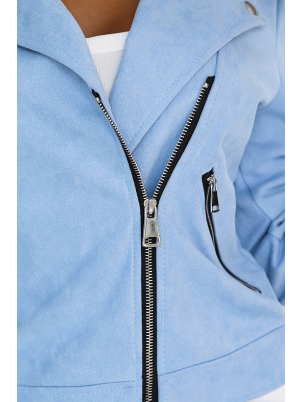 numoco Hellblaue Veloursleder-Motorradjacke mit langen Ärmeln und Reißverschlüssen