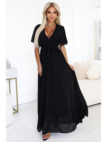 numoco Langes Kleid mit plissiertem Ausschnitt und Bindung - schwarz