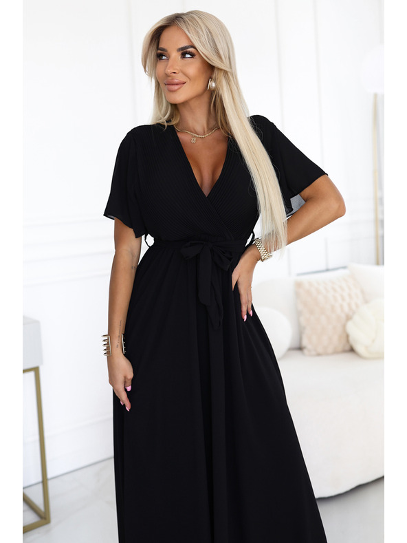 numoco Langes Kleid mit plissiertem Ausschnitt und Bindung - schwarz