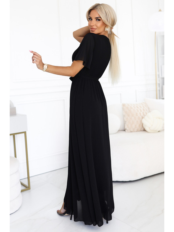 numoco Langes Kleid mit plissiertem Ausschnitt und Bindung - schwarz