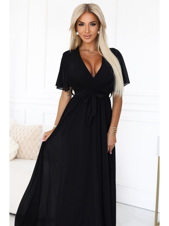 numoco Langes Kleid mit plissiertem Ausschnitt und Bindung - schwarz