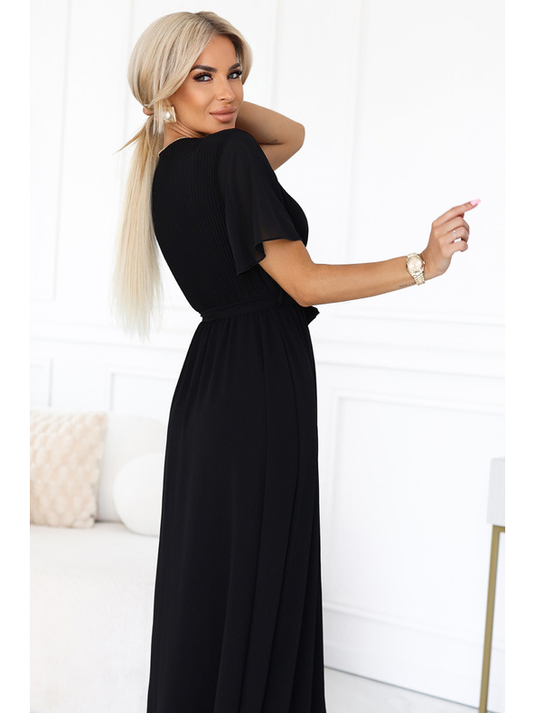 numoco Langes Kleid mit plissiertem Ausschnitt und Bindung - schwarz