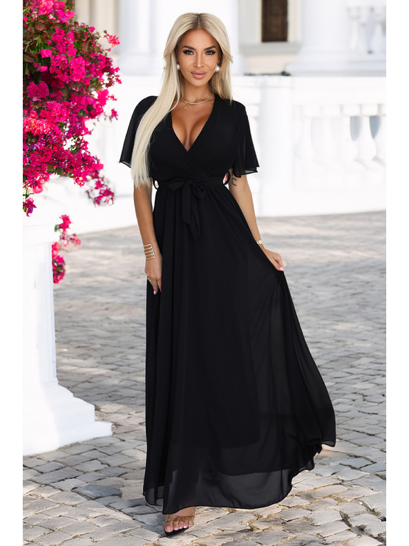 numoco Langes Kleid mit plissiertem Ausschnitt und Bindung - schwarz