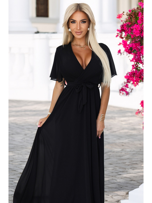 numoco Langes Kleid mit plissiertem Ausschnitt und Bindung - schwarz