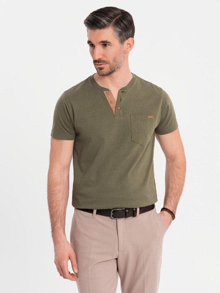 Ombre Clothing Herren-T-Shirt mit Knopfleiste und Wildlederbesatz - dunkel olivgrün