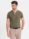 Ombre Clothing Herren-T-Shirt mit Knopfleiste und Wildlederbesatz - dunkel olivgrün