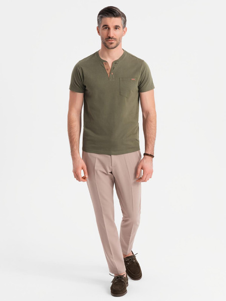 Ombre Clothing Herren-T-Shirt mit Knopfleiste und Wildlederbesatz - dunkel olivgrün